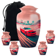 Deep Red Car Cremation Urn top-down view of secure threaded lid - timeless car motif etched into premium metal - memorial set with one large and four small urns