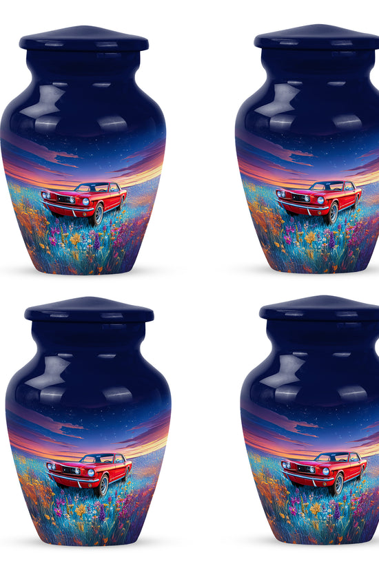 Cornflower Blue Car Cremation Urn side profile showing urn shape - elegant classic car relief with fine detailing - 10 inch aluminum urn for cremated remains