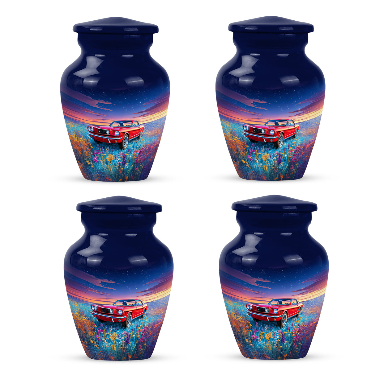 Cornflower Blue Car Cremation Urn side profile showing urn shape - elegant classic car relief with fine detailing - 10 inch aluminum urn for cremated remains