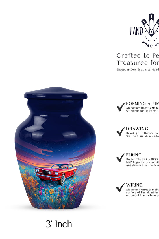 Pastel Blue Car Cremation Urn close-up of engraving and surface detail - timeless car motif etched into premium metal - mini keepsake memorial for portion of cremation ashes