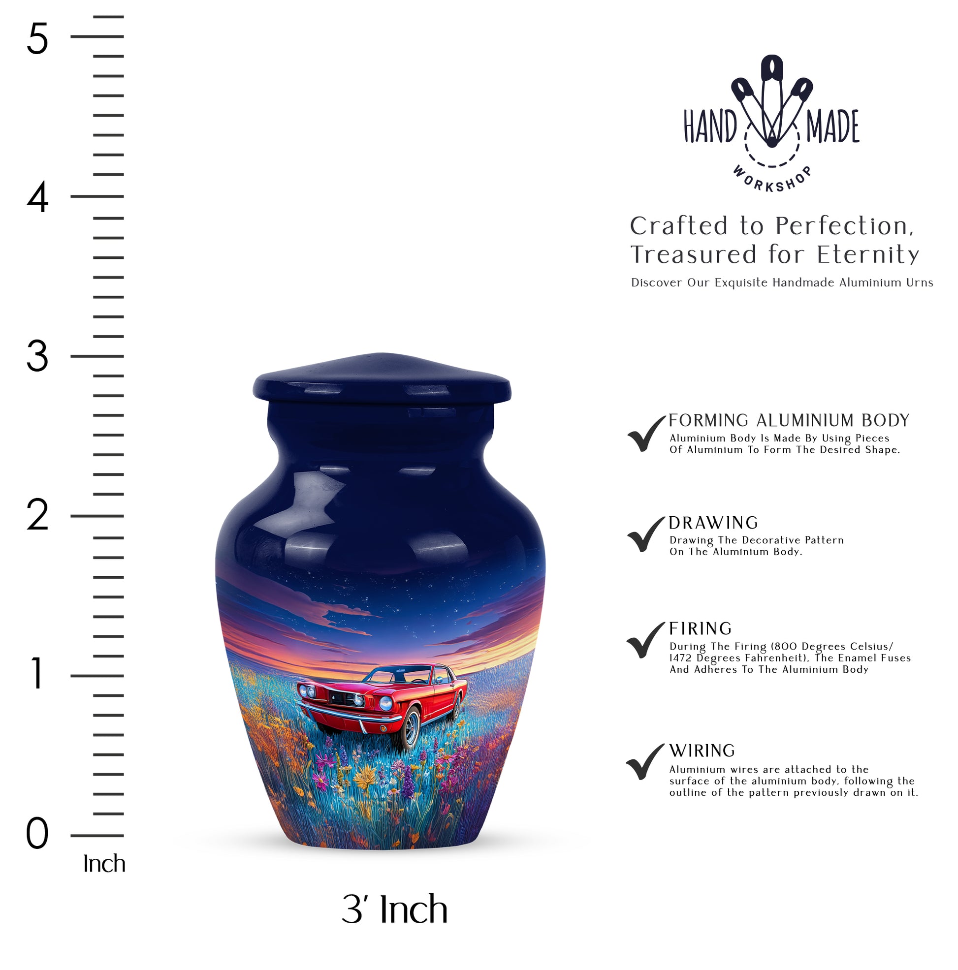 Pastel Blue Car Cremation Urn close-up of engraving and surface detail - timeless car motif etched into premium metal - mini keepsake memorial for portion of cremation ashes