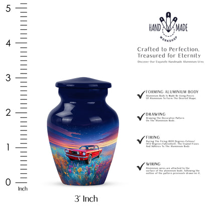Pastel Blue Car Cremation Urn close-up of engraving and surface detail - timeless car motif etched into premium metal - mini keepsake memorial for portion of cremation ashes