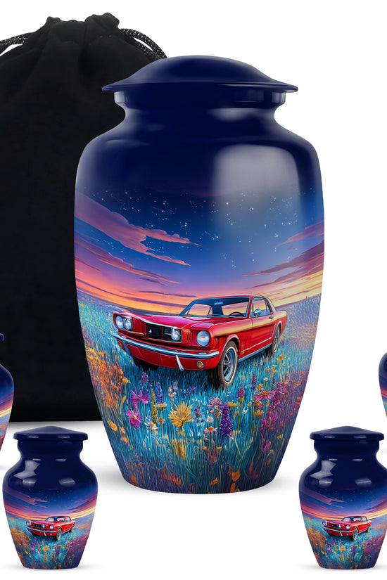 Vivid Blue Car Cremation Urn top-down view of secure threaded lid - traditional car engraving with hand-polished finish - memorial set with one large and four small urns