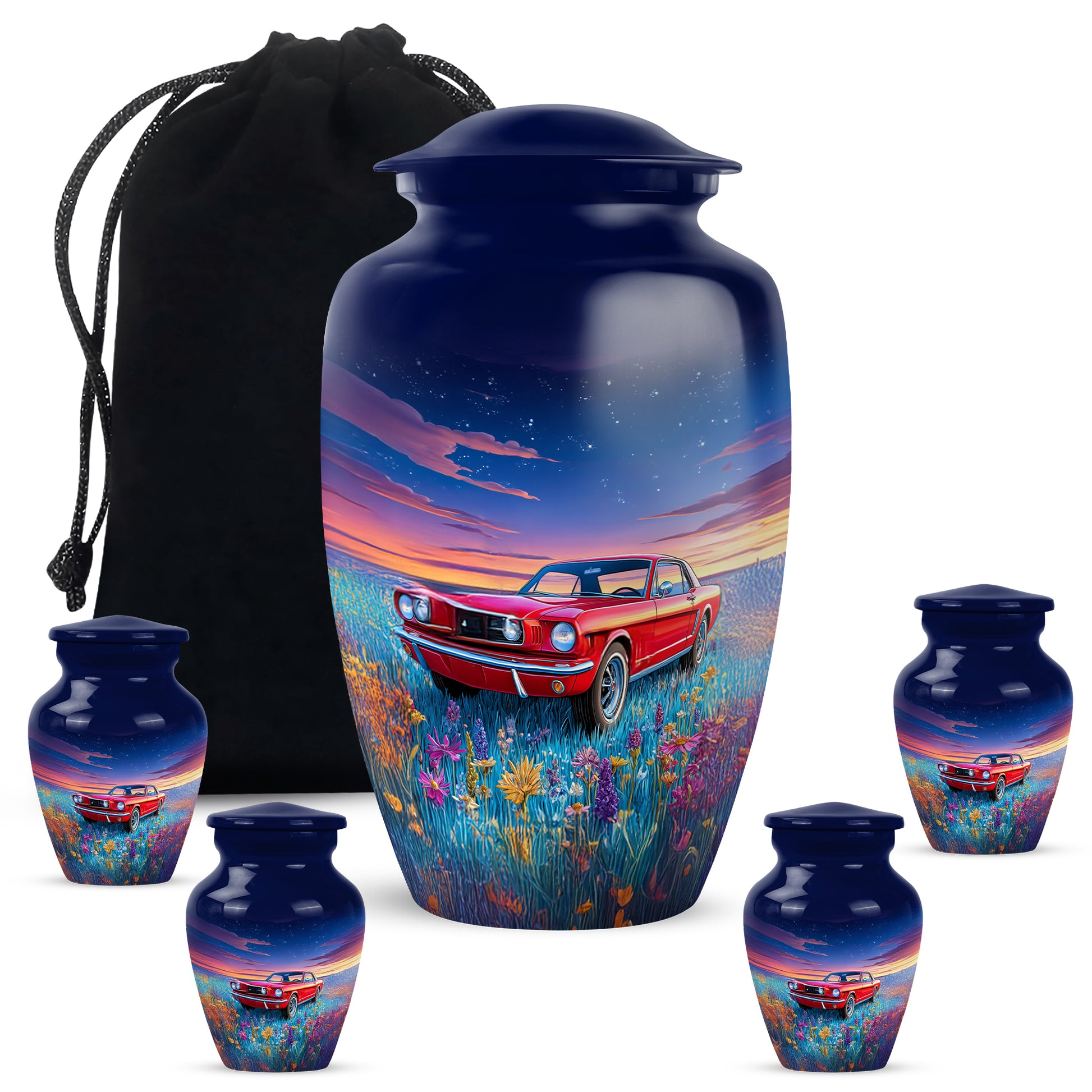 Vivid Blue Car Cremation Urn top-down view of secure threaded lid - traditional car engraving with hand-polished finish - memorial set with one large and four small urns