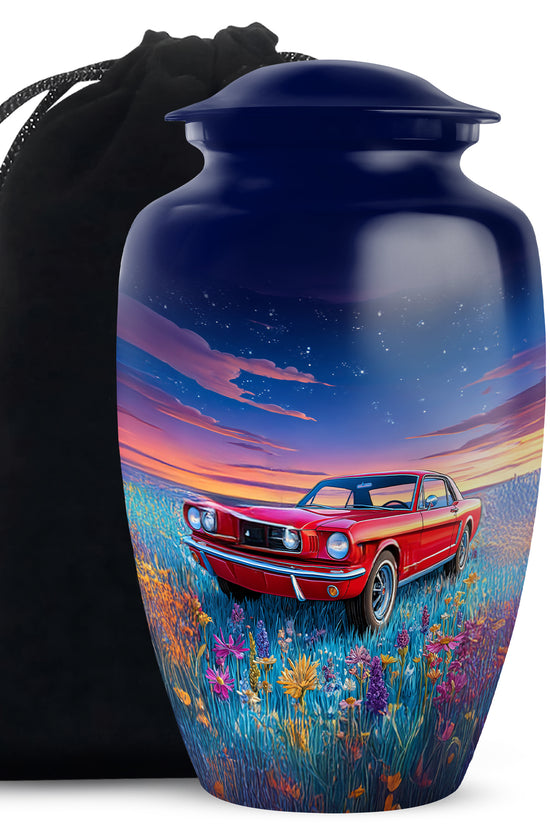 Cornflower Blue Car Cremation Urn angled view of lid and engraved motif - elegant classic car relief with fine detailing - full-size 10 inch 200 cubic inch adult cremation urn