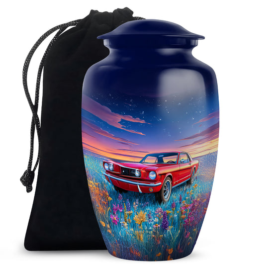 Cornflower Blue Car Cremation Urn angled view of lid and engraved motif - elegant classic car relief with fine detailing - full-size 10 inch 200 cubic inch adult cremation urn