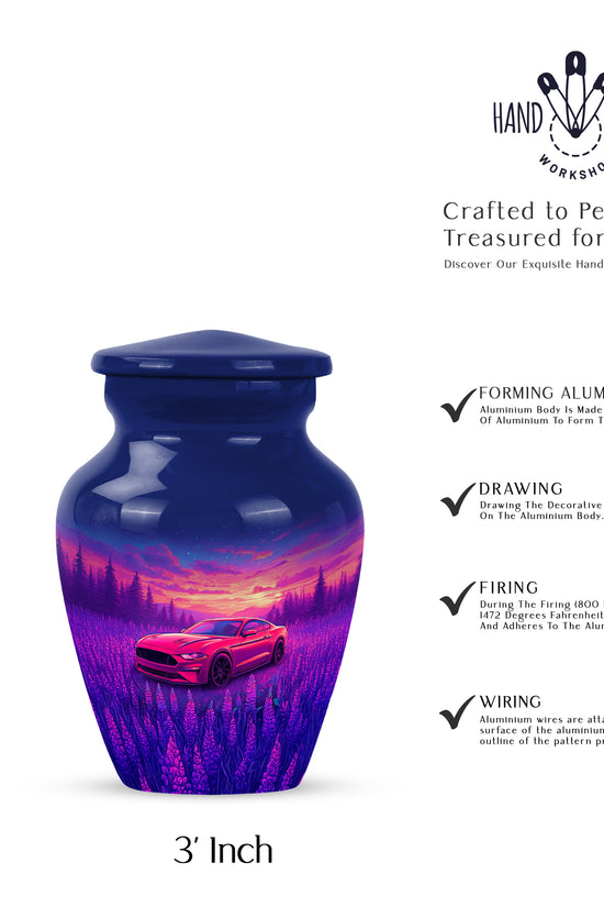 Azure Car Cremation Urn close-up of engraving and surface detail - timeless car motif etched into premium metal - mini keepsake memorial for portion of cremation ashes