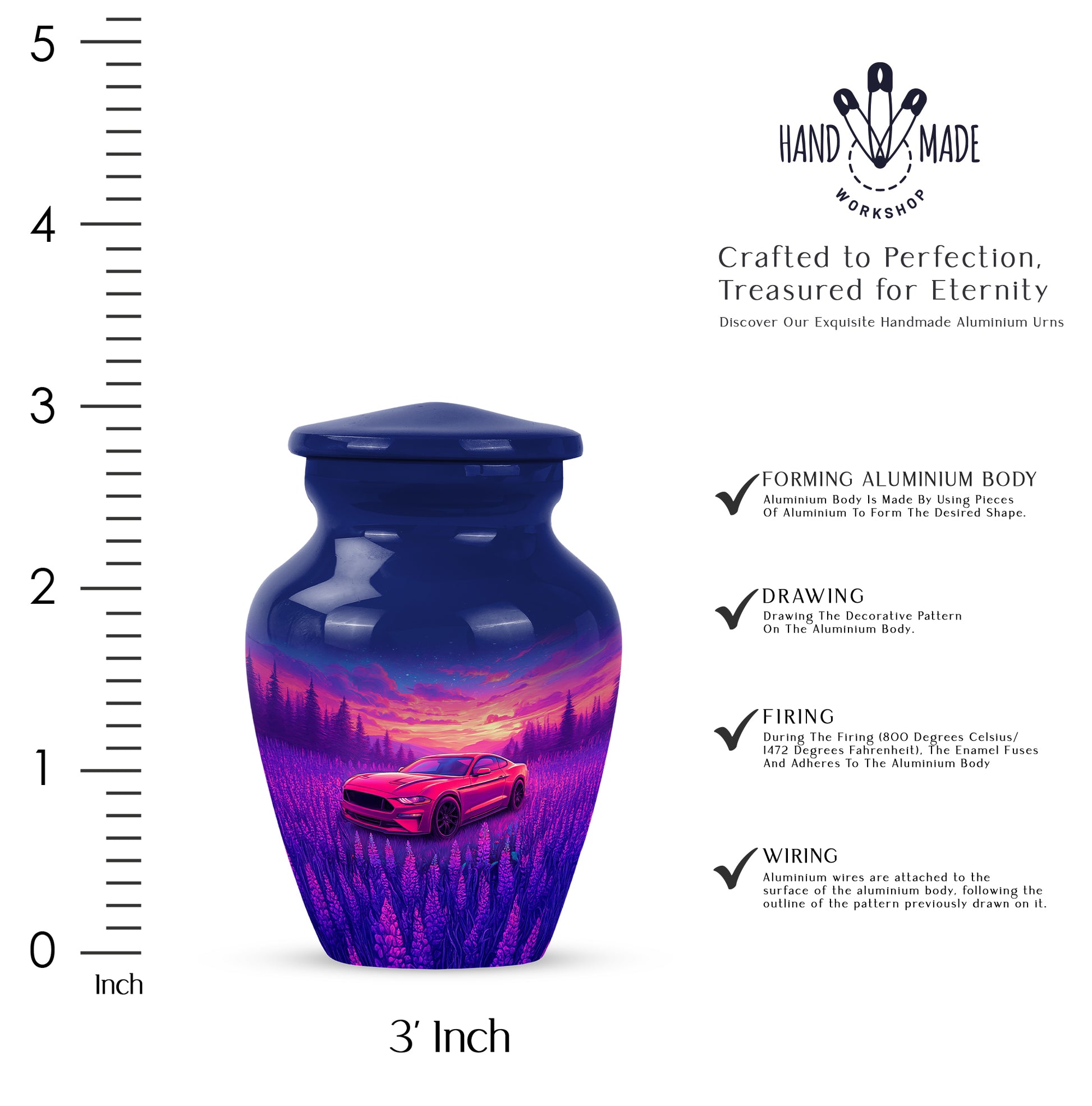 Azure Car Cremation Urn close-up of engraving and surface detail - timeless car motif etched into premium metal - mini keepsake memorial for portion of cremation ashes