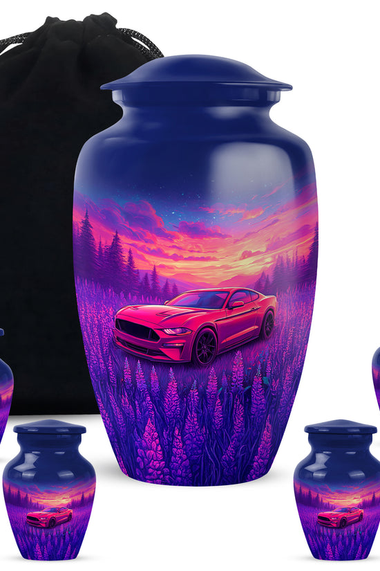 Calming Blue Car Cremation Urn top-down view of secure threaded lid - traditional car engraving with hand-polished finish - memorial set with one large and four small urns
