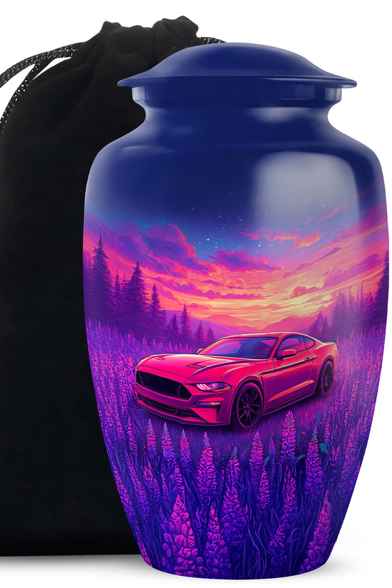 Soft Blue Car Cremation Urn angled view of lid and engraved motif - elegant classic car relief with fine detailing - full-size 10 inch 200 cubic inch adult cremation urn