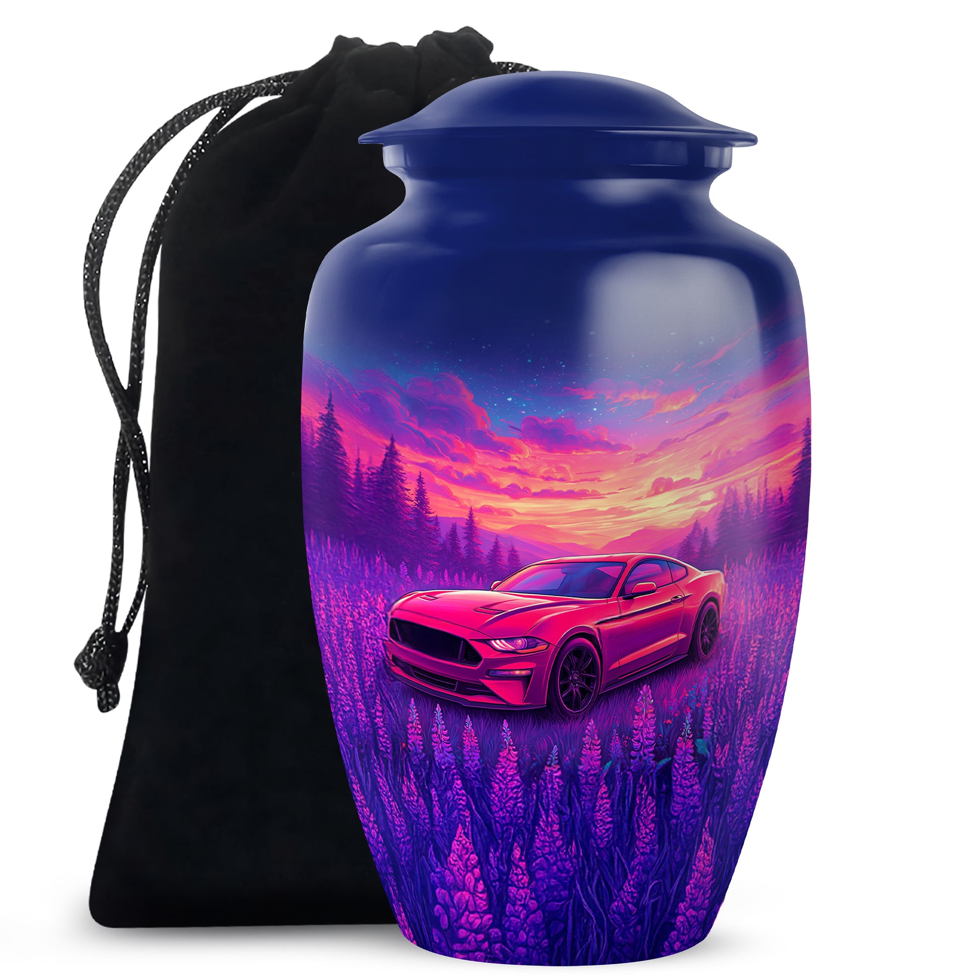 Soft Blue Car Cremation Urn angled view of lid and engraved motif - elegant classic car relief with fine detailing - full-size 10 inch 200 cubic inch adult cremation urn