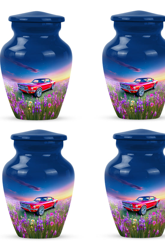Vivid Blue Car Cremation Urn side profile showing urn shape - traditional car engraving with hand-polished finish - 10 inch aluminum urn for cremated remains