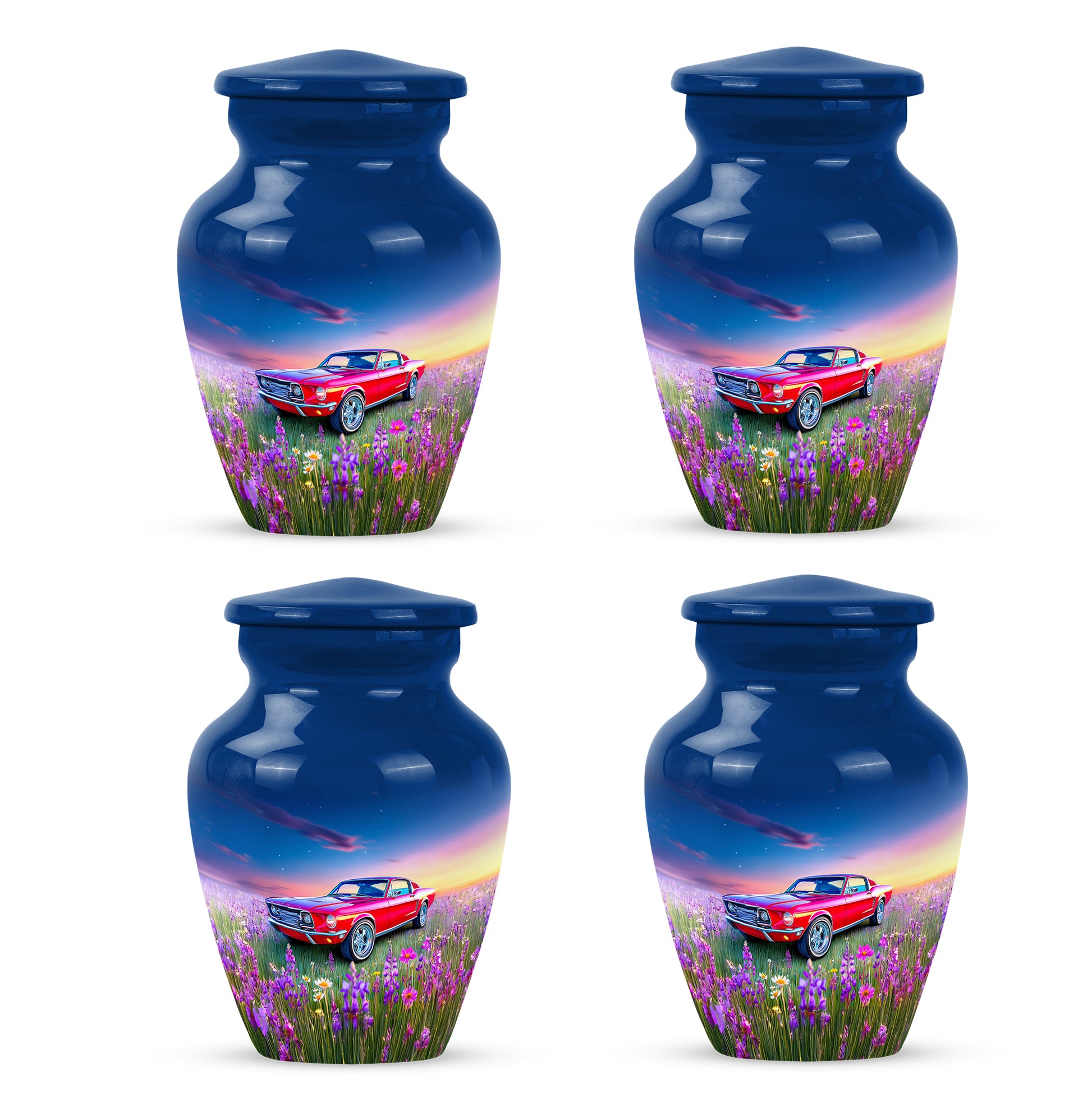 Vivid Blue Car Cremation Urn side profile showing urn shape - traditional car engraving with hand-polished finish - 10 inch aluminum urn for cremated remains