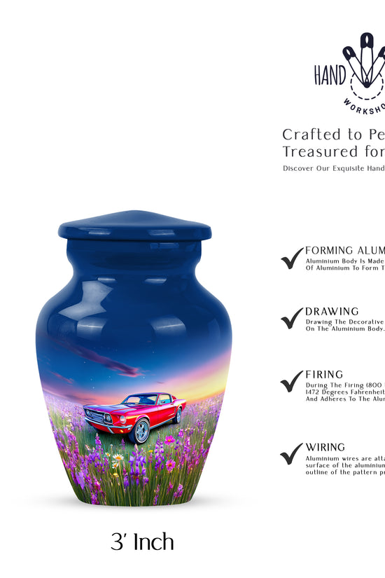 Celestial Blue Car Cremation Urn close-up of engraving and surface detail - timeless car motif etched into premium metal - mini keepsake memorial for portion of cremation ashes