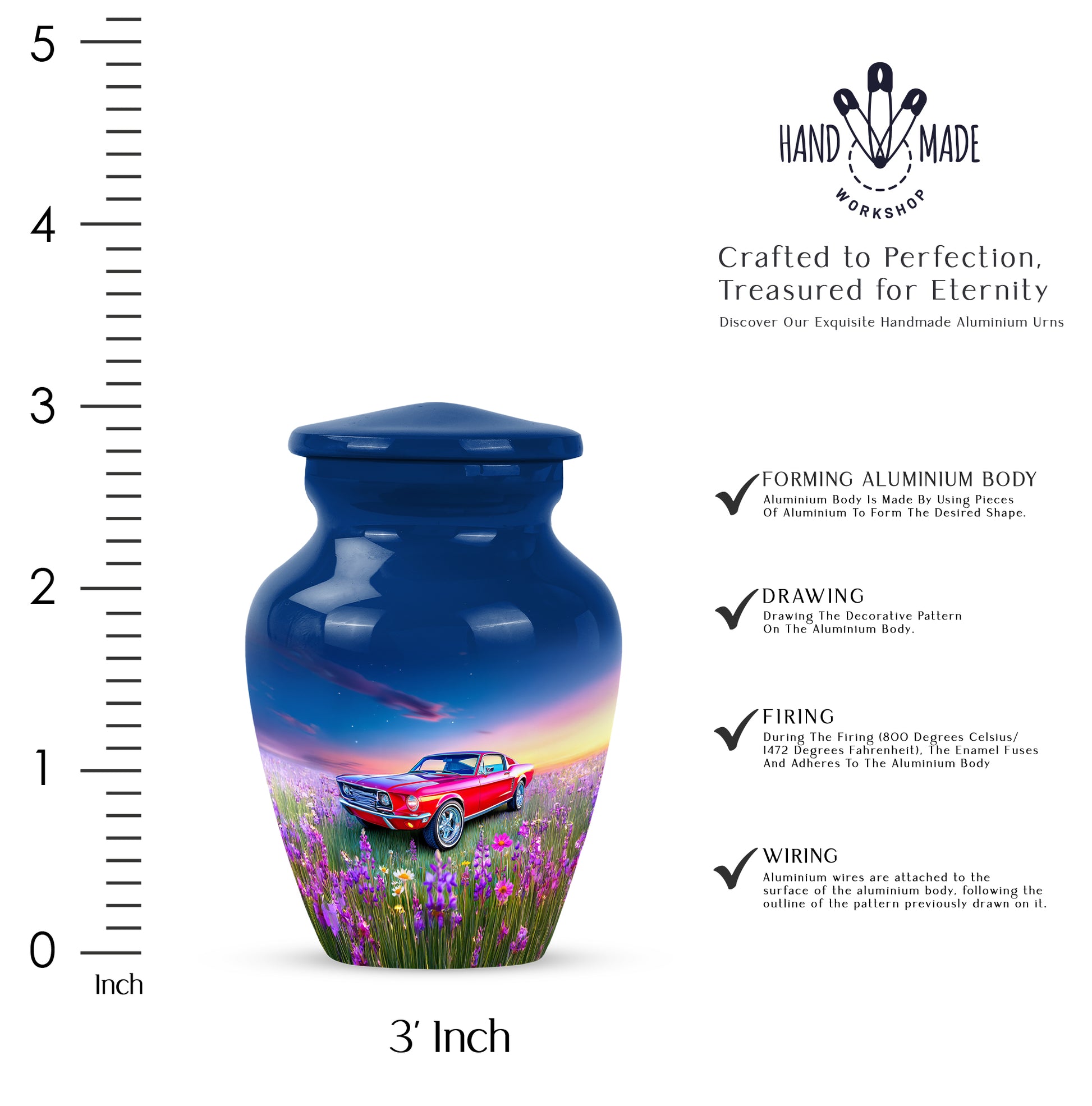 Celestial Blue Car Cremation Urn close-up of engraving and surface detail - timeless car motif etched into premium metal - mini keepsake memorial for portion of cremation ashes