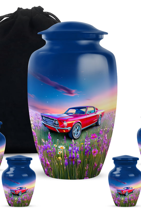 Calming Blue Car Cremation Urn top-down view of secure threaded lid - traditional car engraving with hand-polished finish - memorial set with one large and four small urns