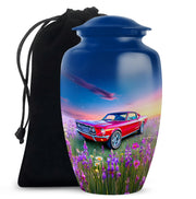 Dusty Blue Car Cremation Urn angled view of lid and engraved motif - timeless car motif etched into premium metal - full-size 10 inch 200 cubic inch adult cremation urn