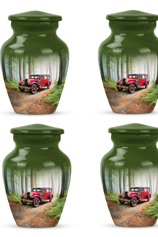 Jade Green Car Cremation Urn side profile showing urn shape - timeless car motif etched into premium metal - 10 inch aluminum urn for cremated remains