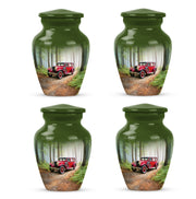 Jade Green Car Cremation Urn side profile showing urn shape - timeless car motif etched into premium metal - 10 inch aluminum urn for cremated remains