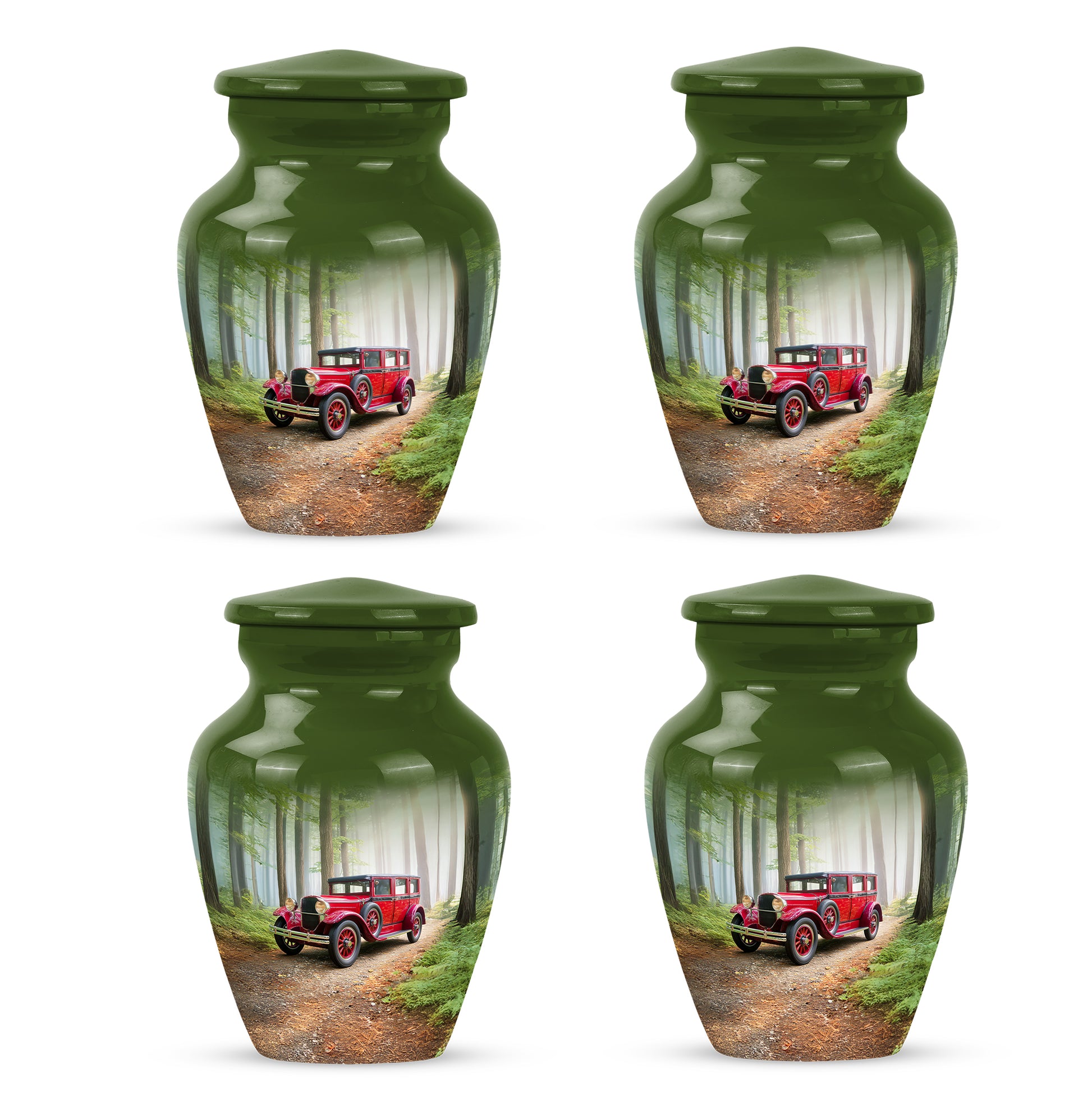 Jade Green Car Cremation Urn side profile showing urn shape - timeless car motif etched into premium metal - 10 inch aluminum urn for cremated remains