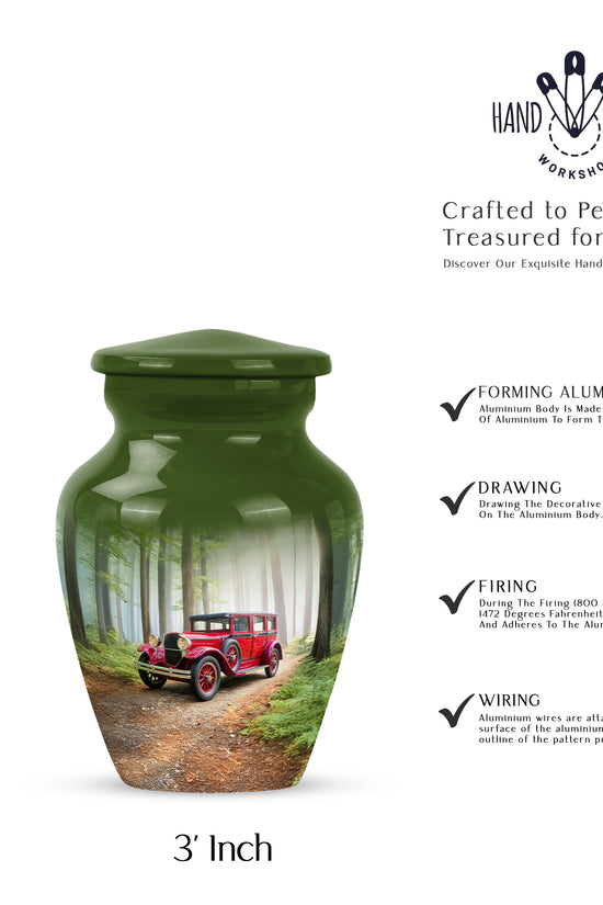 Sage Green Car Cremation Urn close-up of engraving and surface detail - timeless car motif etched into premium metal - mini keepsake memorial for portion of cremation ashes