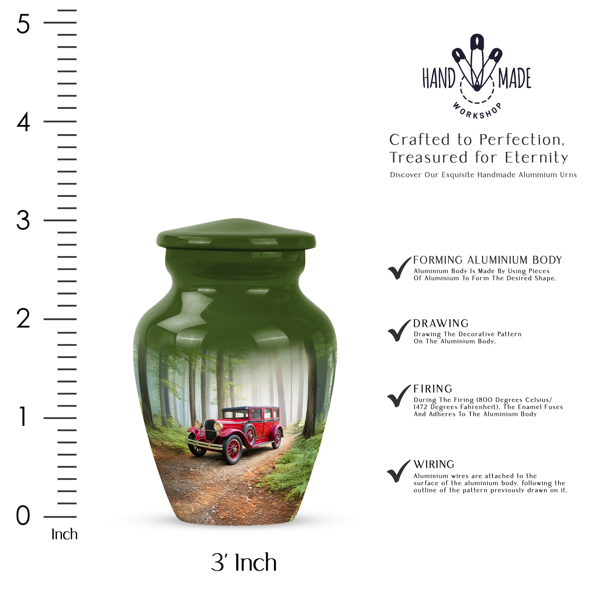 Sage Green Car Cremation Urn close-up of engraving and surface detail - timeless car motif etched into premium metal - mini keepsake memorial for portion of cremation ashes