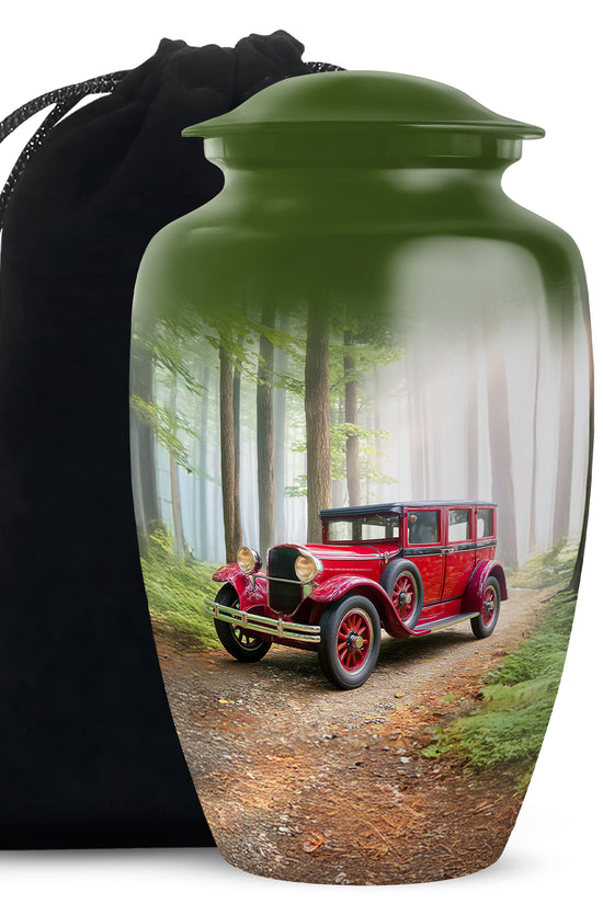 Red Antique Car Cremation Urn - Scenic Forest Memorial Urn For Loved Ones