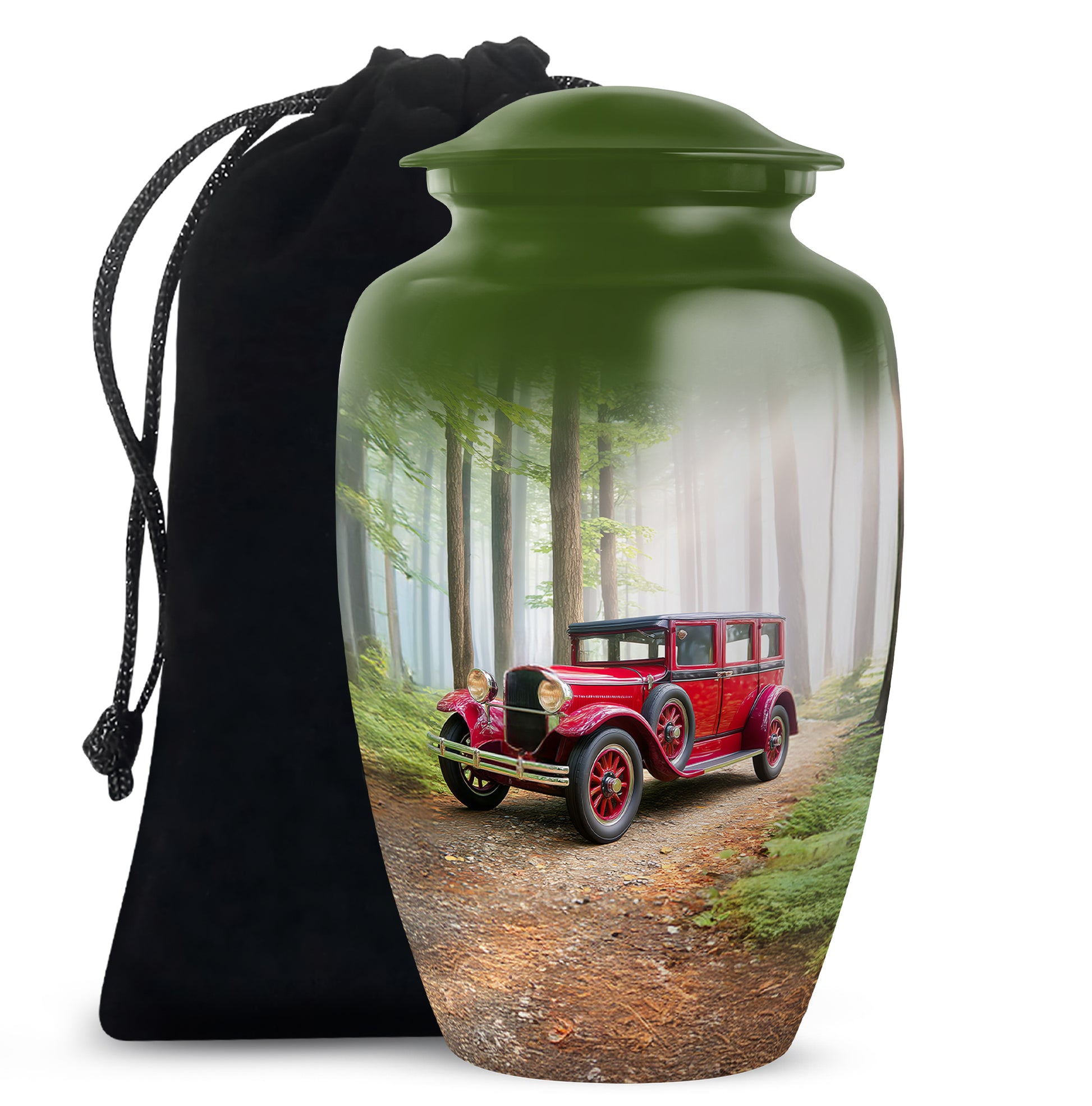 Red Antique Car Cremation Urn - Scenic Forest Memorial Urn For Loved Ones