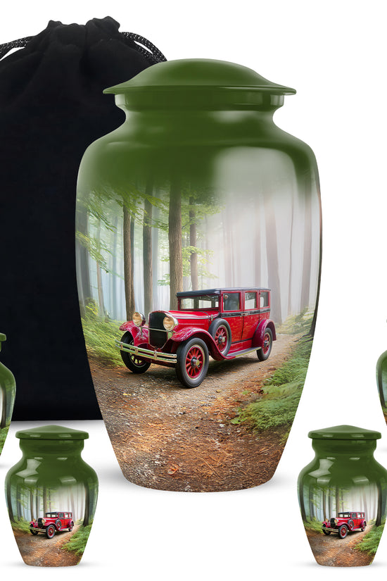 Emerald Green Car Cremation Urn top-down view of secure threaded lid - classic sculpted car pattern on smooth aluminum - memorial set with one large and four small urns