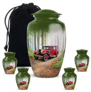 Emerald Green Car Cremation Urn top-down view of secure threaded lid - classic sculpted car pattern on smooth aluminum - memorial set with one large and four small urns