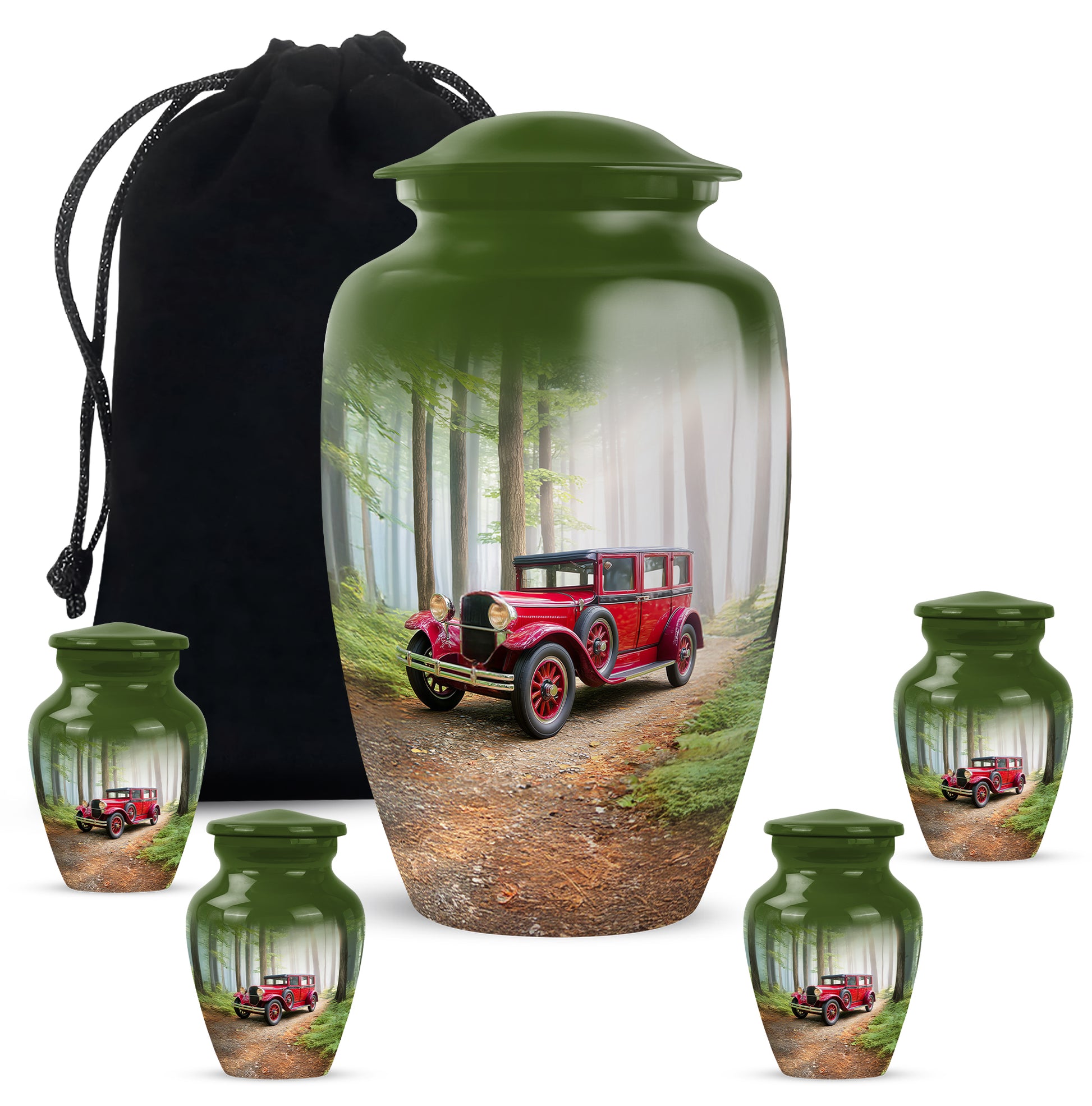 Emerald Green Car Cremation Urn top-down view of secure threaded lid - classic sculpted car pattern on smooth aluminum - memorial set with one large and four small urns