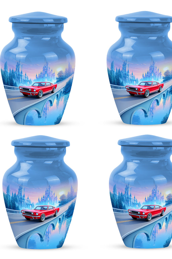 Steel Blue Car Cremation Urn side profile showing urn shape - elegant classic car relief with fine detailing - 10 inch aluminum urn for cremated remains