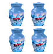 Steel Blue Car Cremation Urn side profile showing urn shape - elegant classic car relief with fine detailing - 10 inch aluminum urn for cremated remains