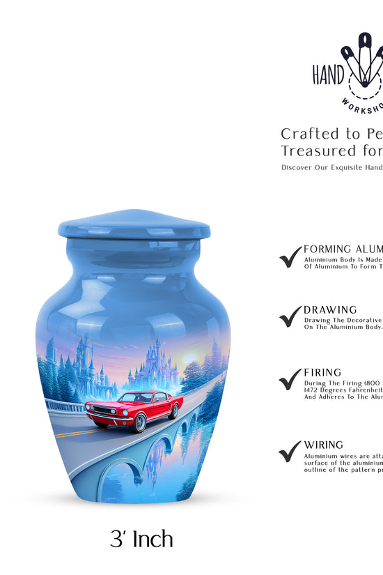 Icy Blue Car Cremation Urn close-up of engraving and surface detail - classic sculpted car pattern on smooth aluminum - mini keepsake memorial for portion of cremation ashes