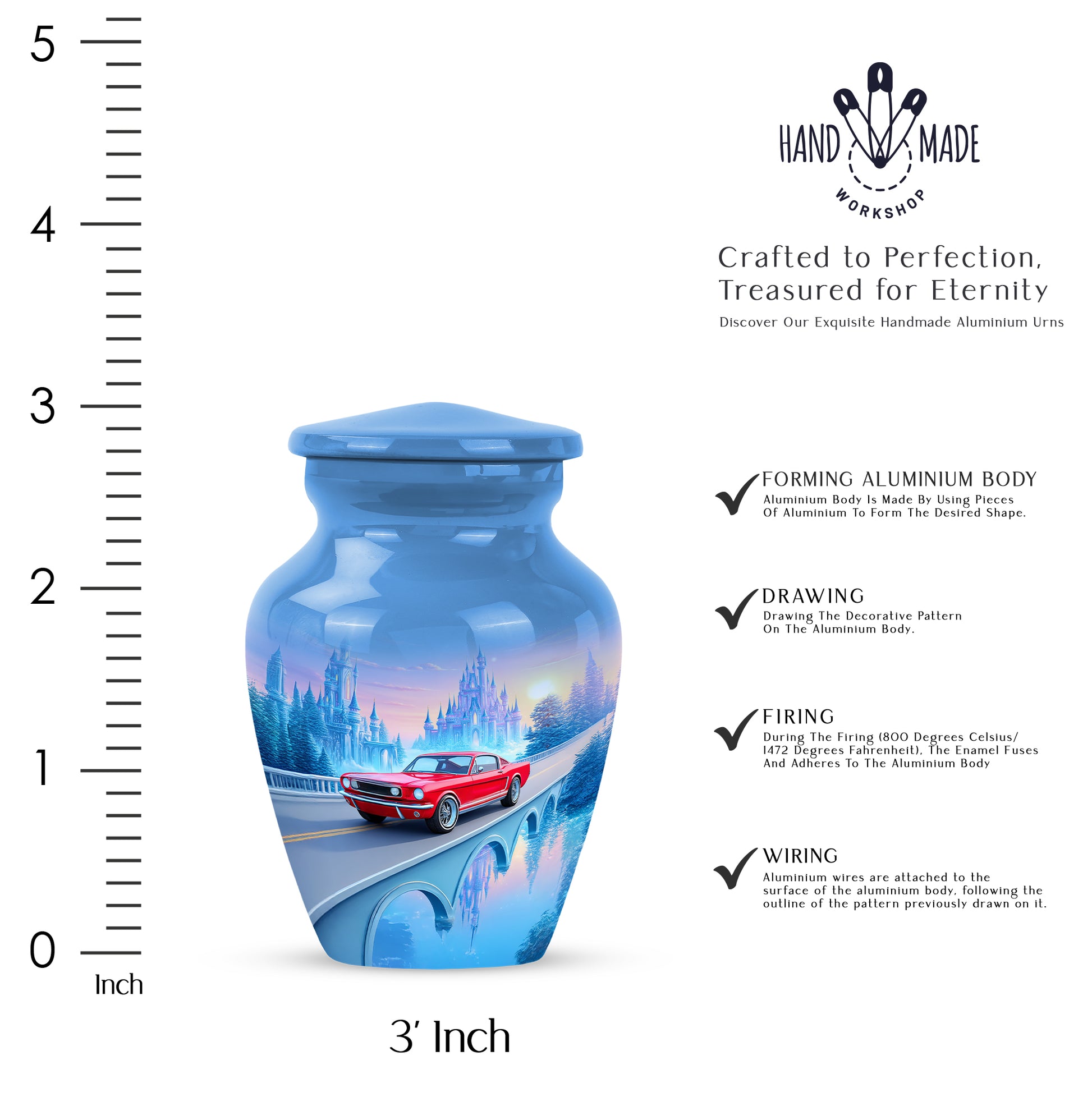 Icy Blue Car Cremation Urn close-up of engraving and surface detail - classic sculpted car pattern on smooth aluminum - mini keepsake memorial for portion of cremation ashes