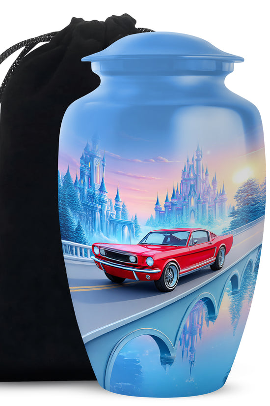 Red Old Car Memorial Urn - Large Aluminium Cremation Urn For Adult Ashes