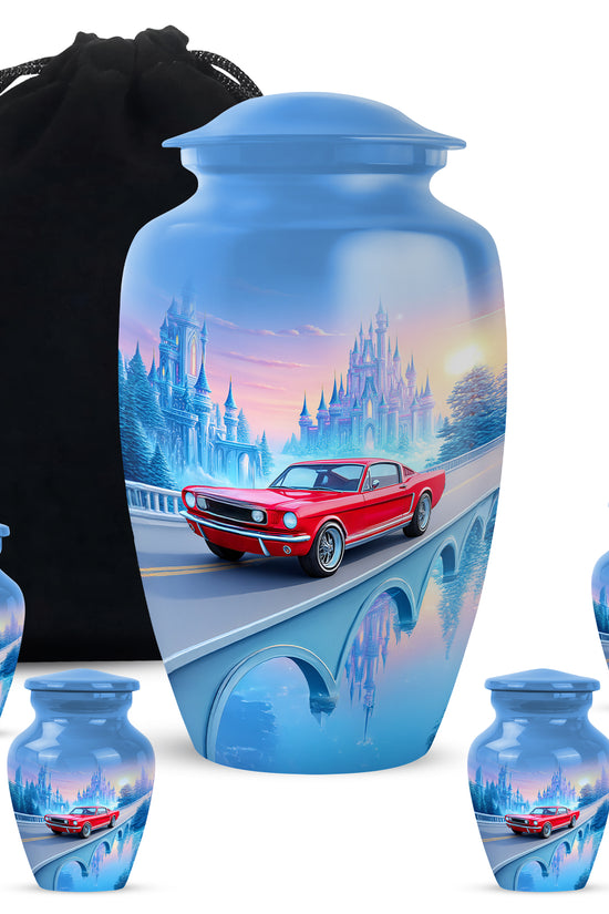 Royal Blue Car Cremation Urn top-down view of secure threaded lid - elegant classic car relief with fine detailing - memorial set with one large and four small urns