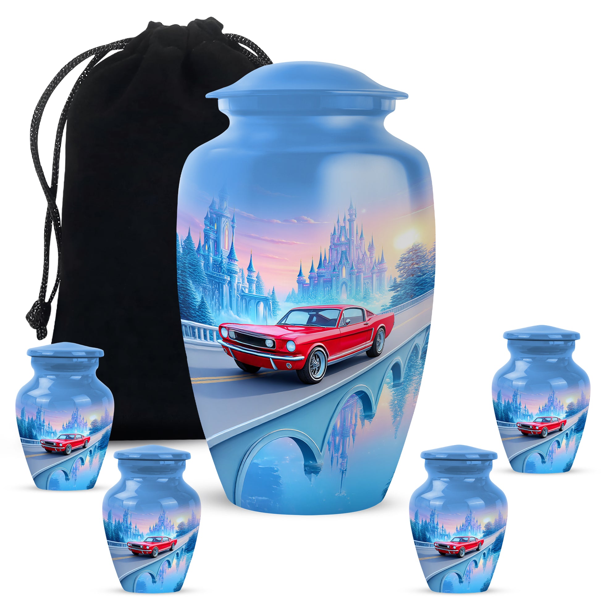 Royal Blue Car Cremation Urn top-down view of secure threaded lid - elegant classic car relief with fine detailing - memorial set with one large and four small urns