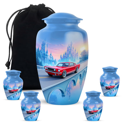Royal Blue Car Cremation Urn top-down view of secure threaded lid - elegant classic car relief with fine detailing - memorial set with one large and four small urns