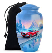 Cobalt Blue Car Cremation Urn angled view of lid and engraved motif - elegant classic car relief with fine detailing - full-size 10 inch 200 cubic inch adult cremation urn