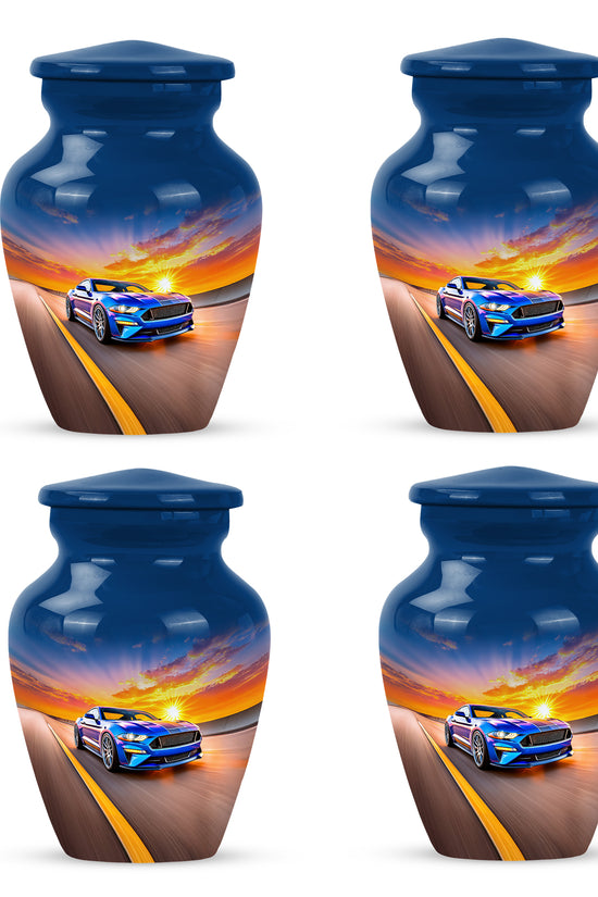 Soft Blue Car Cremation Urn side profile showing urn shape - traditional car engraving with hand-polished finish - 10 inch aluminum urn for cremated remains