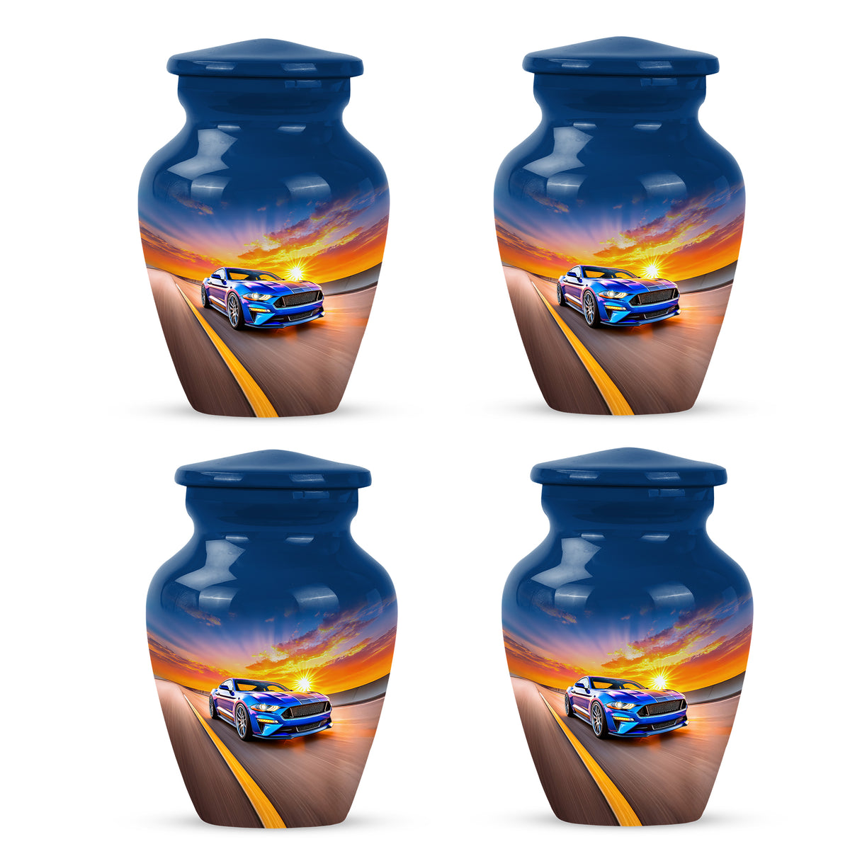 Soft Blue Car Cremation Urn side profile showing urn shape - traditional car engraving with hand-polished finish - 10 inch aluminum urn for cremated remains