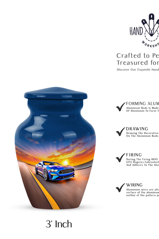 Indigo Car Cremation Urn close-up of engraving and surface detail - classic sculpted car pattern on smooth aluminum - mini keepsake memorial for portion of cremation ashes