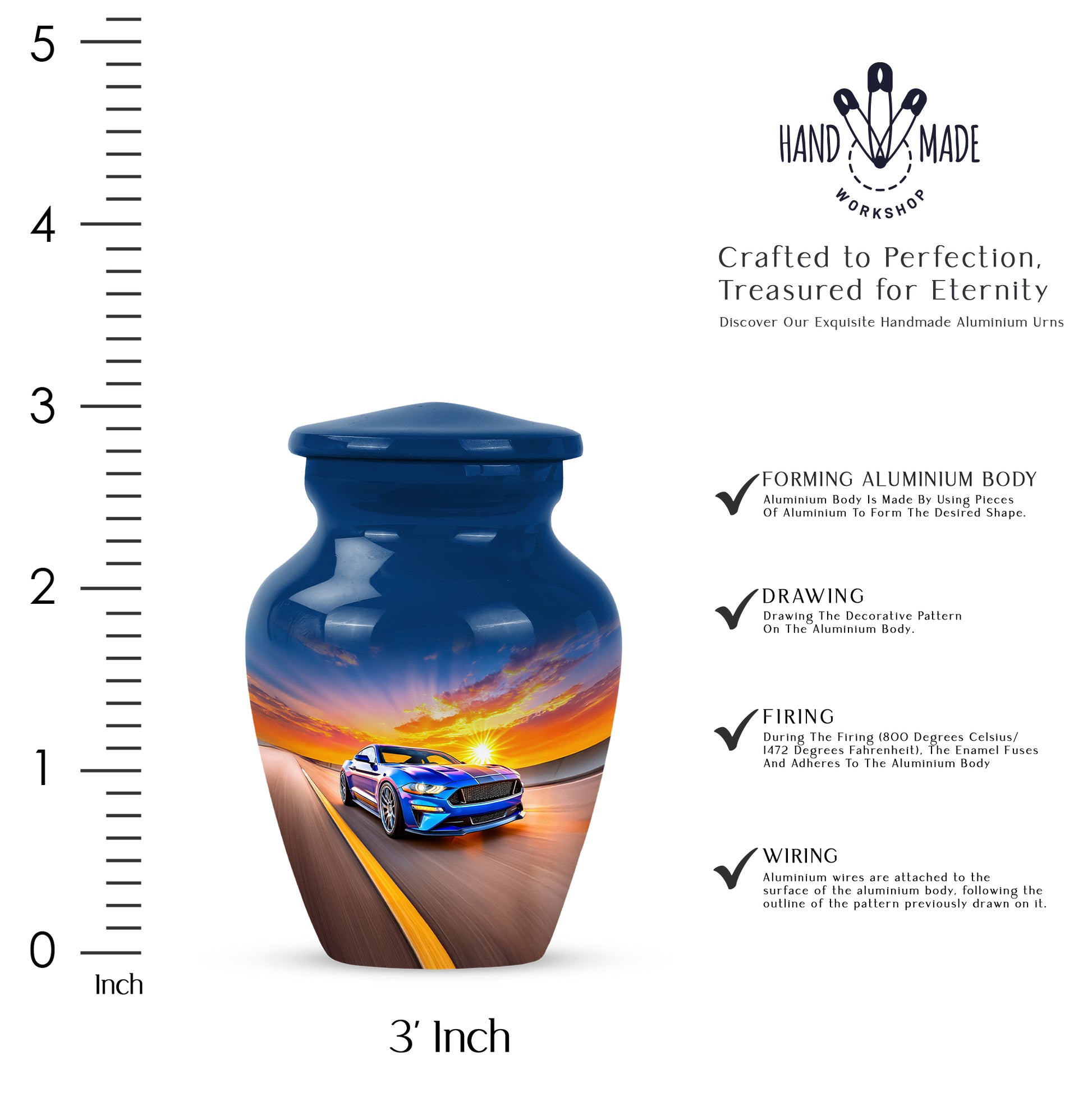 Indigo Car Cremation Urn close-up of engraving and surface detail - classic sculpted car pattern on smooth aluminum - mini keepsake memorial for portion of cremation ashes