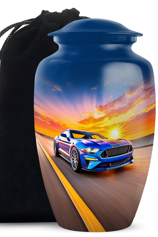 Steel Blue Car Cremation Urn angled view of lid and engraved motif - elegant classic car relief with fine detailing - full-size 10 inch 200 cubic inch adult cremation urn