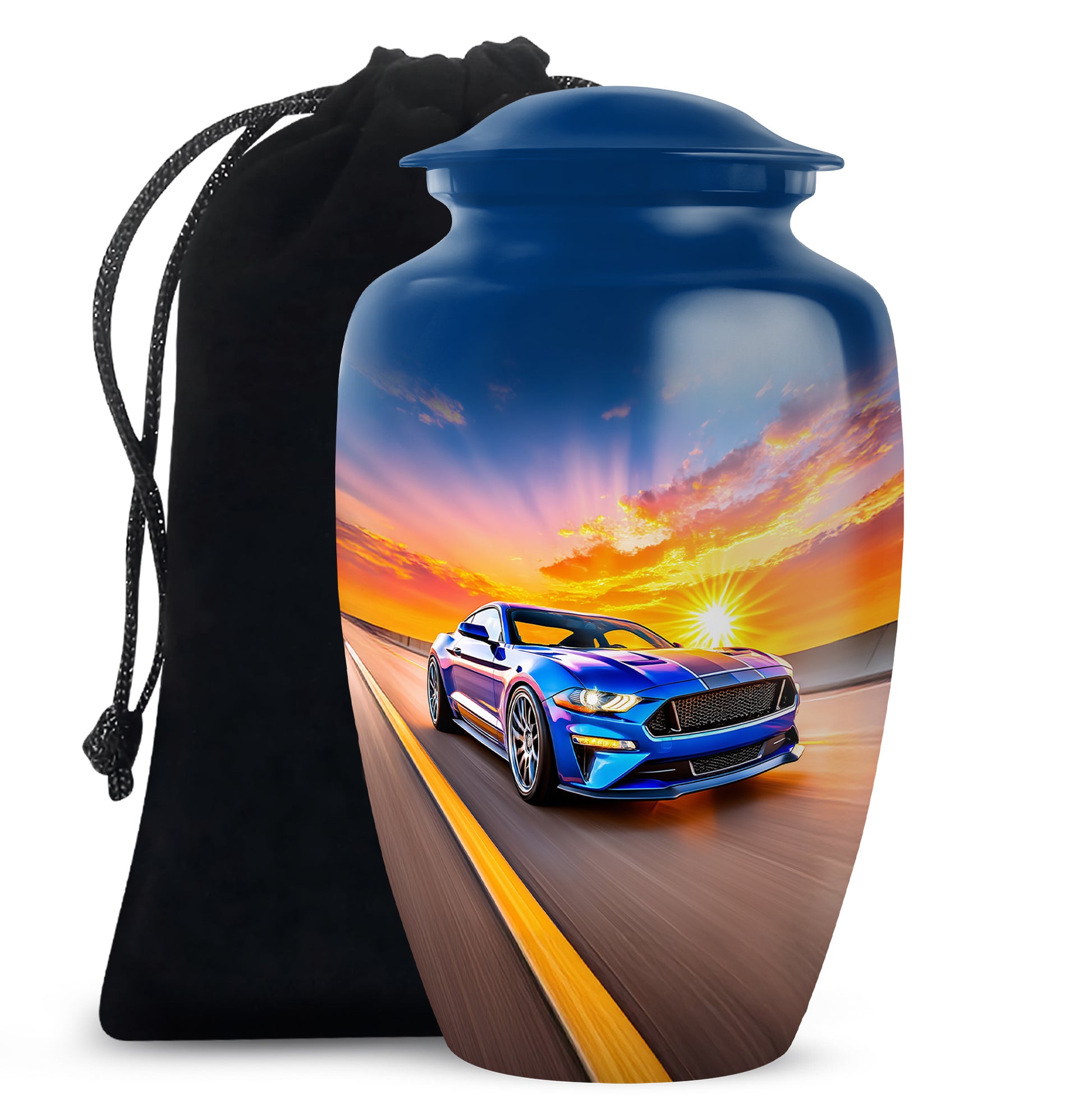 Steel Blue Car Cremation Urn angled view of lid and engraved motif - elegant classic car relief with fine detailing - full-size 10 inch 200 cubic inch adult cremation urn
