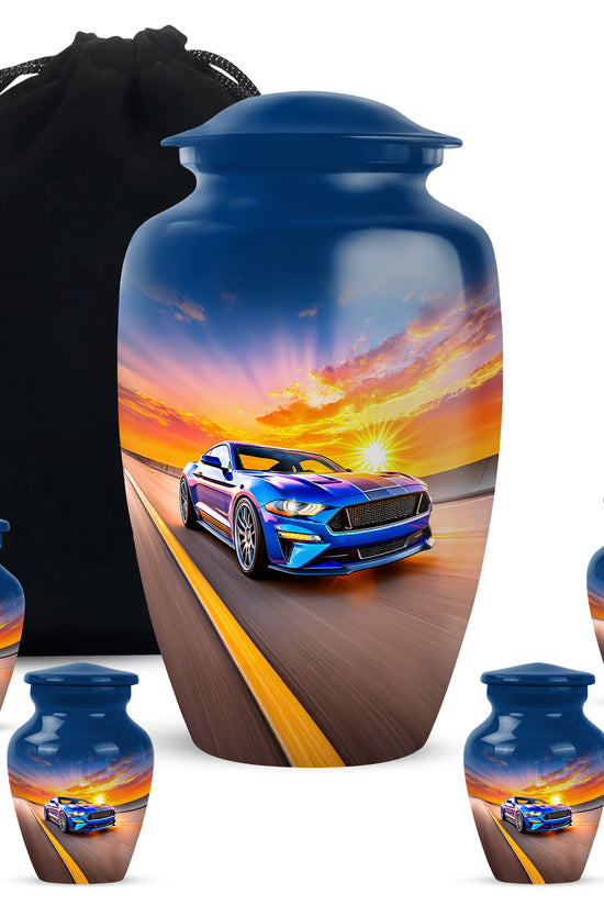 Slate Blue Car Cremation Urn top-down view of secure threaded lid - timeless car motif etched into premium metal - memorial set with one large and four small urns
