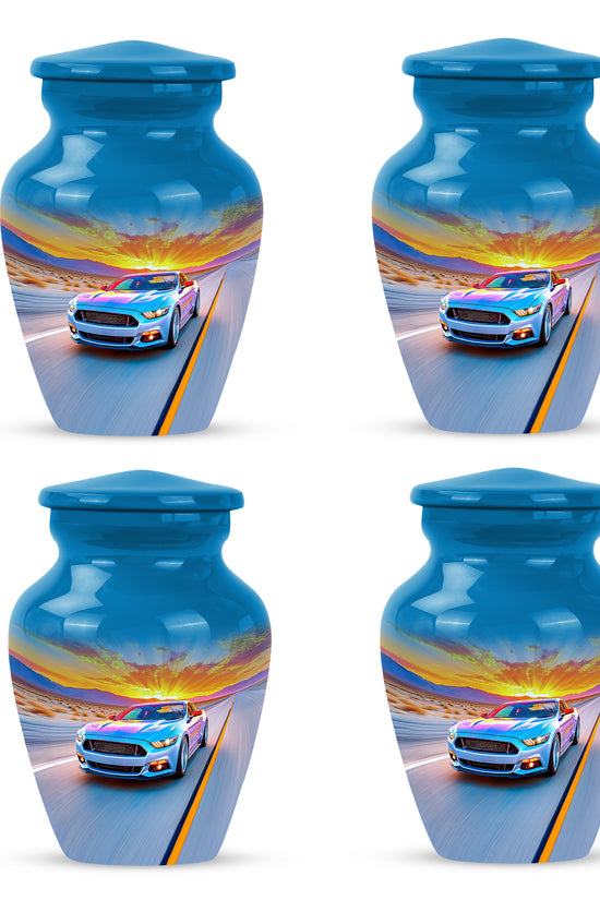 Icy Blue Car Cremation Urn side profile showing urn shape - timeless car motif etched into premium metal - 10 inch aluminum urn for cremated remains