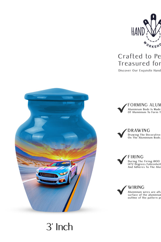 Celestial Blue Car Cremation Urn close-up of engraving and surface detail - timeless car motif etched into premium metal - mini keepsake memorial for portion of cremation ashes