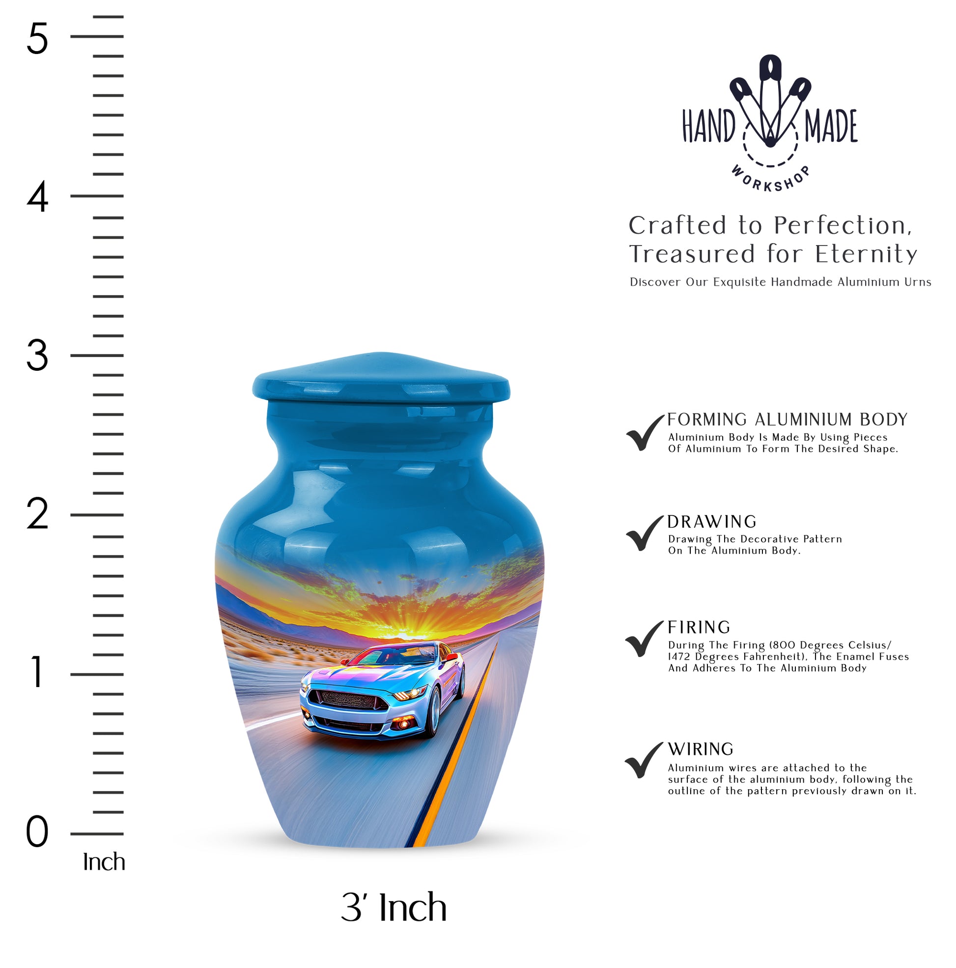 Celestial Blue Car Cremation Urn close-up of engraving and surface detail - timeless car motif etched into premium metal - mini keepsake memorial for portion of cremation ashes